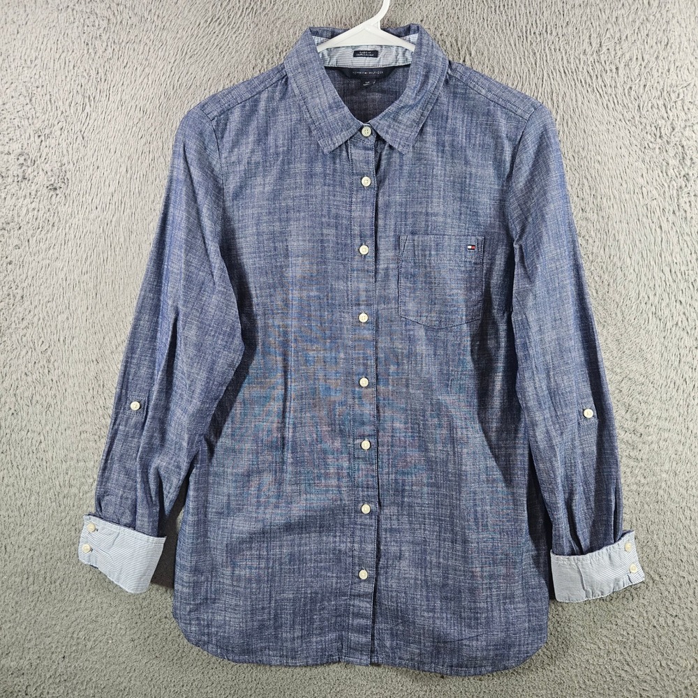 Tommy Hilfiger Womens Blue Cotton Chambray‎ Roll Tab Button Down Shirt Small
